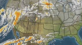 This Satelite map shows a Pacific storm moving into the San Diego region, where up to an inch of rain is expected along the coast and inland valleys.