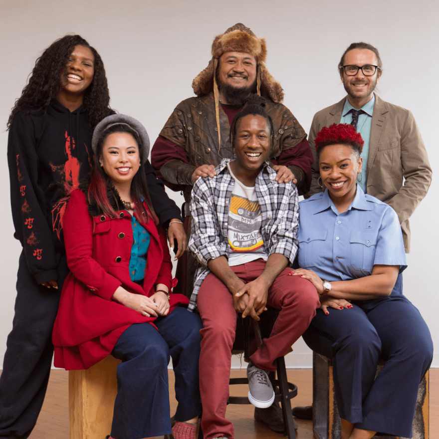 A publicity photo of the cast of the San Diego Rep's production of "The Great Khan". Pictured top left to right: Mikayla Bartholomew, Brian Rivera, Dylan Seaton. Seated left to right: Molly Adea, Jerome Beck, Brittney Caldwell.