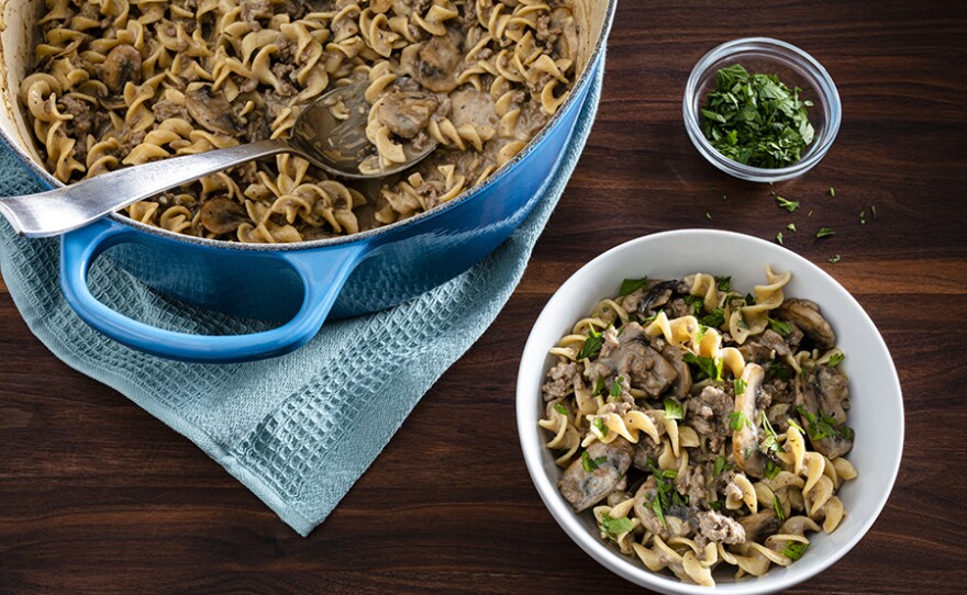 Weeknight-friendly Ground Beef Stroganoff.