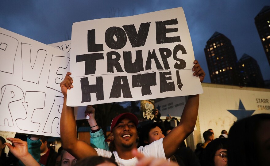Anti-Trump protesters gather in a park on Wednesday as New Yorkers react to the election.