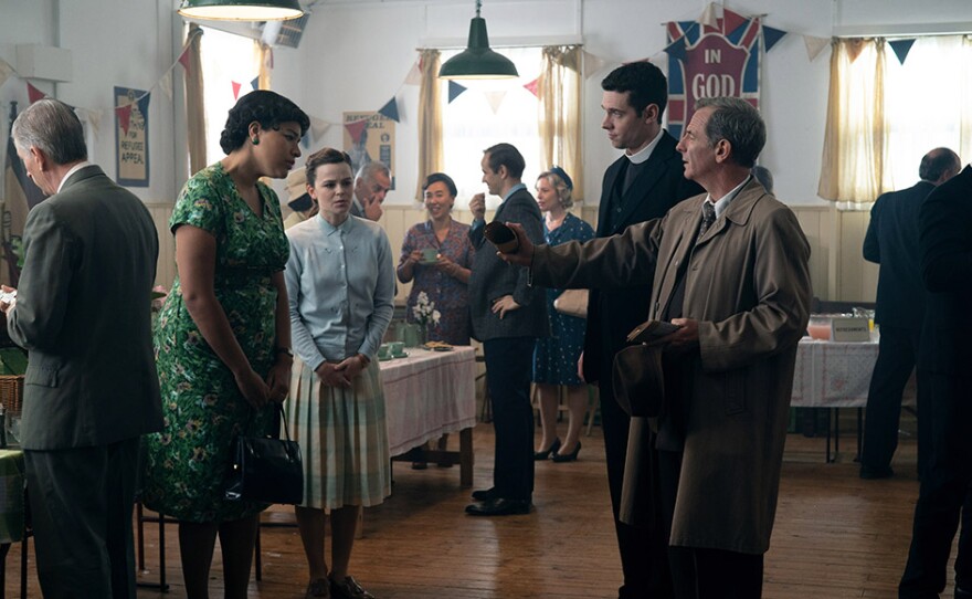 Shown from left to right: Lauren Douglin as Grace Hughes, Alaïs Lawson as Natalie Benoit, Tom Brittney as Will Davenport and Robson Green as Geordie Keating.