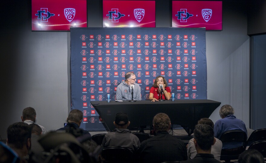SDSU Athletic Director John David Wicker and SDSU President Adela de la Torre announce the university has joined the PAC-12 Athletic Conference. Sept. 12, 2024. San Diego, Calif.