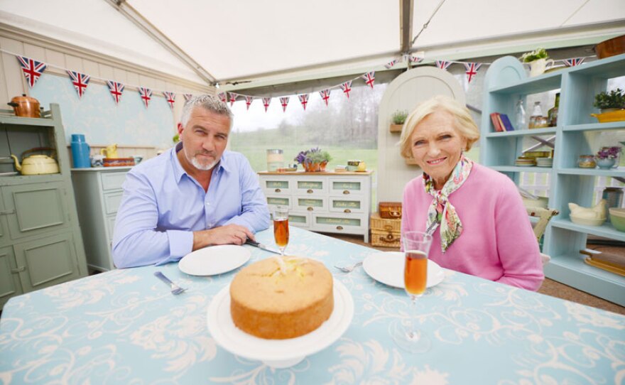 Paul and Mary with Madeira cake and drinks in cake corner.