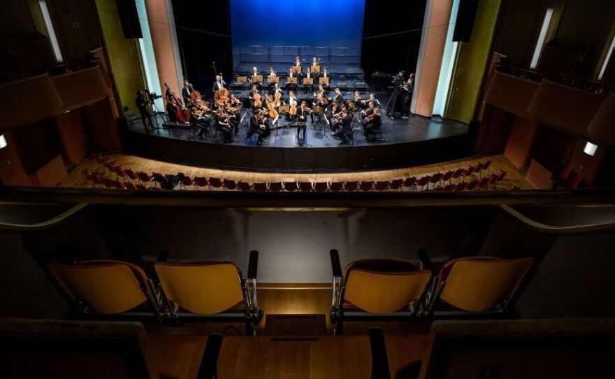 Due to coronavirus fears, violinist Renaud Capuçon and the Lausanne Chamber Orchestra play for an empty hall in Lausanne, Switzerland on March 4. (The concert was broadcast by Swiss public media.)