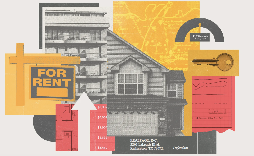 San Francisco ha aprobado una prohibición del uso de software algorítmico de fijación de precios de alquiler, como el desarrollado por el líder del mercado RealPage. San Diego y San José están considerando leyes similares. Ilustración de Adriana Heldiz, CalMatters; iStock, RentCafe