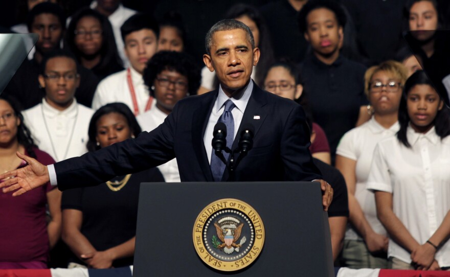 President Barack Obama speaks during a visit to Bladensburg High School April 7, 2014 in Bladensburg, Maryland. It was his fourth visit to Prince George's County in as many months.