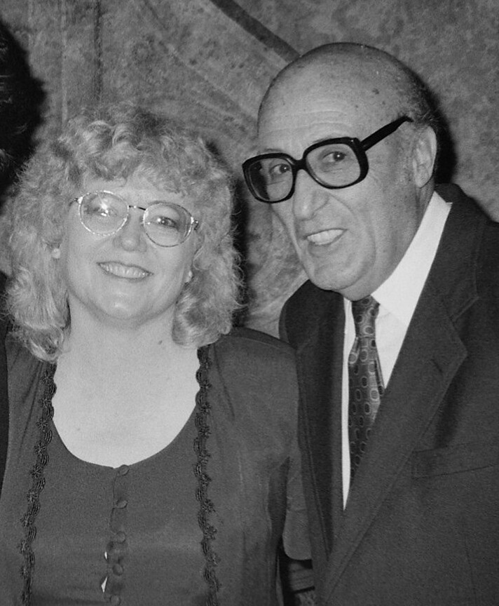 Jackie Estrada, administrator of the Will Eisner Comic Industry Awards, with the awards' namesake Will Eisner. Undated photo.