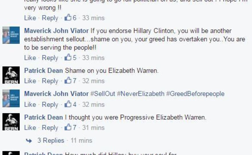 A sample of comments on Elizabeth Warren's Facebook page after news broke that she was going to endorse Hillary Clinton.