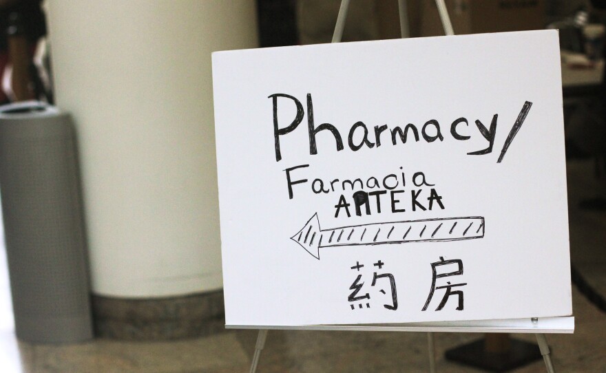 Many of Bellevue's outpatient services are working, but not the pharmacy. A makeshift one has been set up, with patients lining up in the main hospital atrium to fill prescriptions.