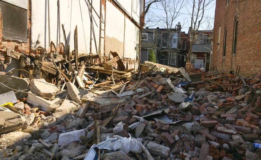 One of the abandoned houses that collapsed under high winds in West Baltimore.