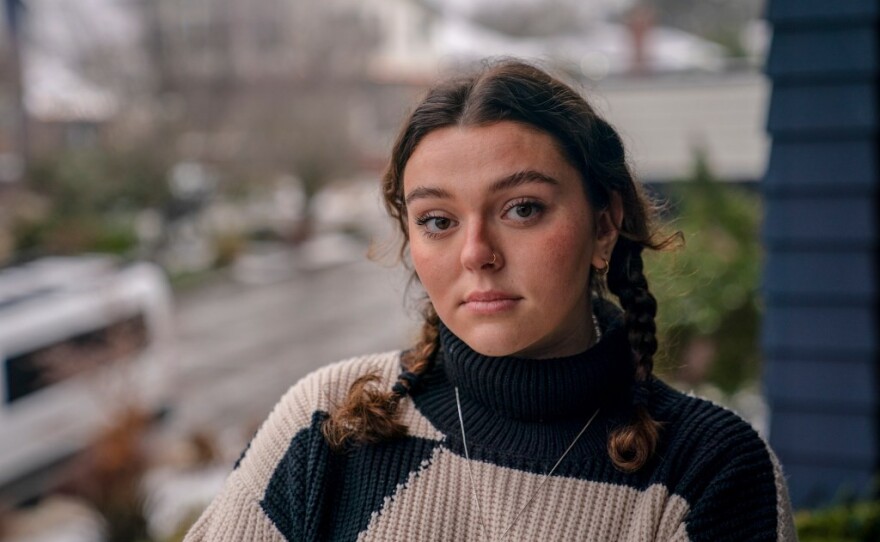 Loyola Marymount University student Gabi Jeakle poses for a portrait at her home in Seattle, Washington, on Dec. 23, 2022. Jeakle, a sexual assault survivor, says she believes in restorative justice but it may not be appropriate in sexual assault cases.