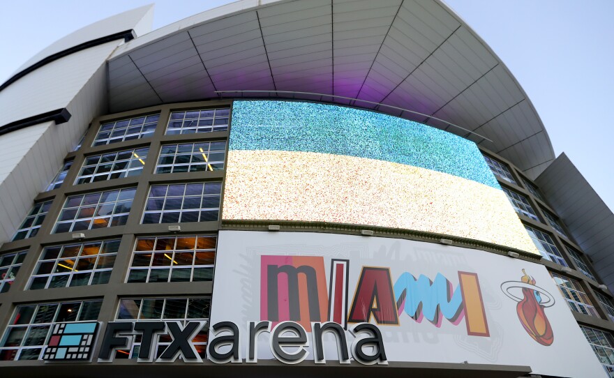 An exterior view of FTX Arena prior to a game between the Phoenix Suns and the Miami Heat in Miami on Nov. 14, 2022. When times were flush, cryptocurrency companies were hiring celebrity endorsers and buying naming rights to stadiums.