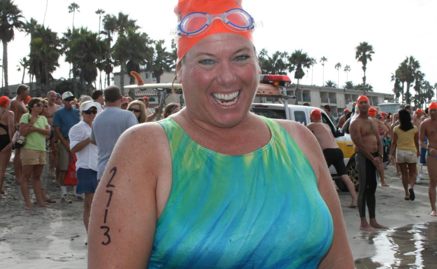 Eileen Turk, Oceanside Parks and Recreation division manager, awaits the start of the pier swim, September 2009.