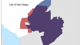 A map of San Diego's District 4. The red sections represent the portion of the district removed during 2010 redistricting. The blue section is the new addition to the district. Purple represents the area that remained District 4 after redistricting.