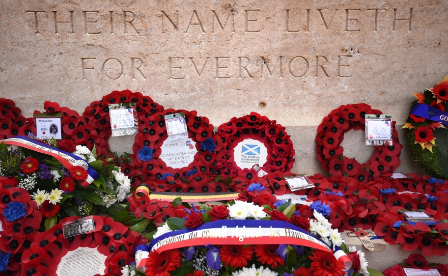 Wreaths lay at the Stone of Remembrance after the Commemoration of the Centenary of the Battle of the Somme at the Commonwealth War Graves Commission Thiepval Memorial on Friday.