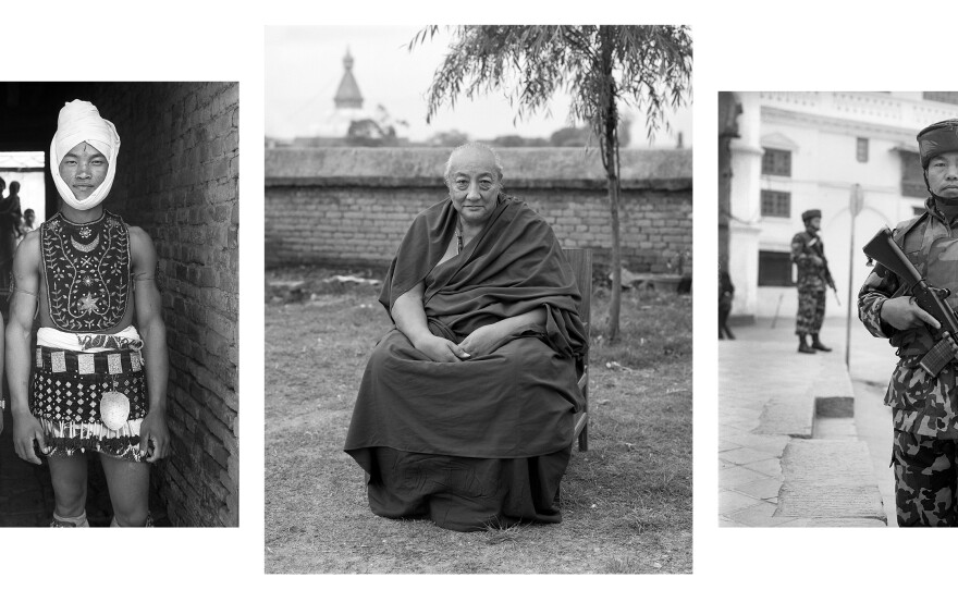 Dancers take off their masks in Bhaktapur, 1987. Dilgo Kyentse Rinpoche of Bhutan was a revered Tibetan Buddhist lama, 1984 (he died in 1991). A soldier stands at attention at Durbar Square, 2005.