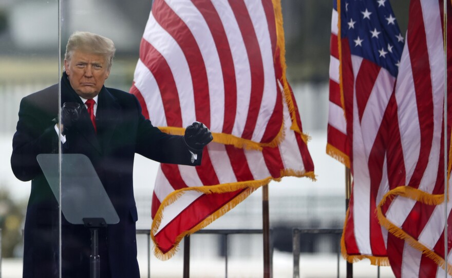 Former President Donald Trump greets the crowd at the "Stop The Steal" Rally on January 6, 2021, in Washington, D.C. Trump supporters then marched to the Capitol and some violent protesters attempted to stop Congress from certifying the 2020 election.
