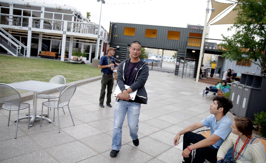 Tony Hsieh takes a walk through the Container Park campus.