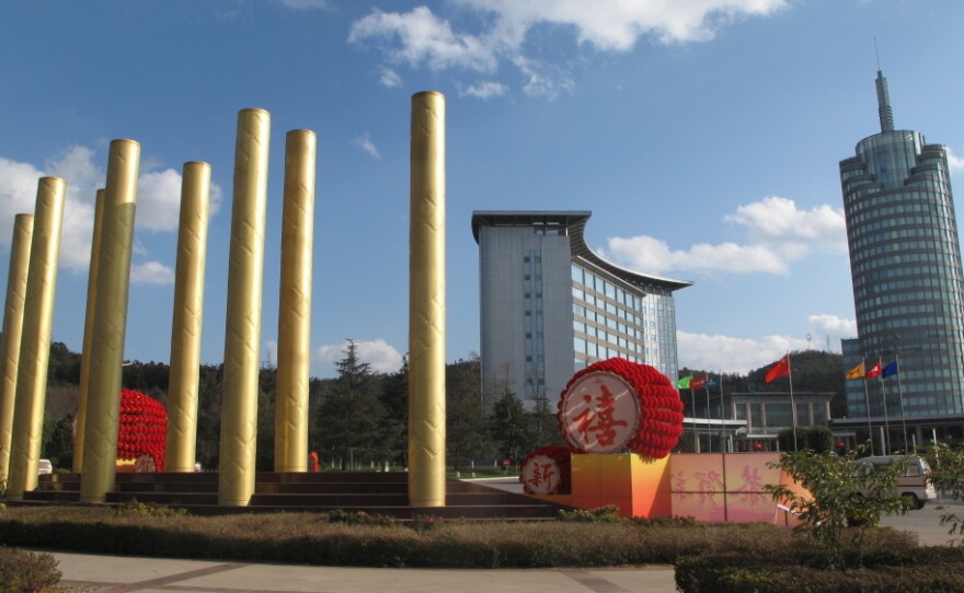 The eight cigarette-shaped pillars are seen outside the headquarters of Yuxi's Hongta  group.