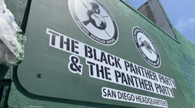 A sign on the wall at Clementine McDuff Elks Lodge showcases logos and titles for The San Diego Black Panther Party, July 28, 2026.