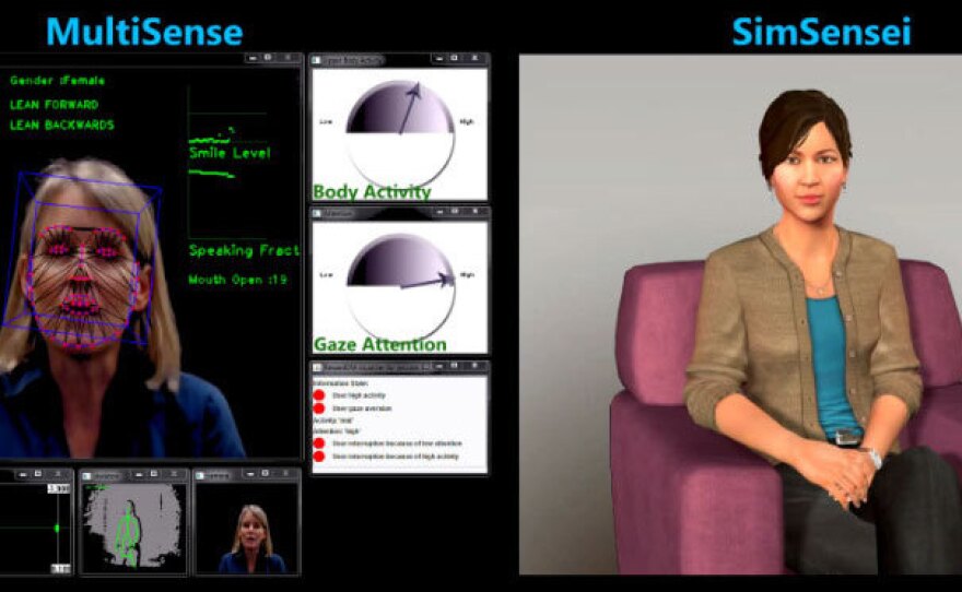 Ellie (right) is a computer simulation designed to engage real people, like the woman on the left, in meaningful conversation and take their measure. The computer system looks for subtle patterns in body language and vocal inflections that might be clues to underlying depression or other emotional distress.