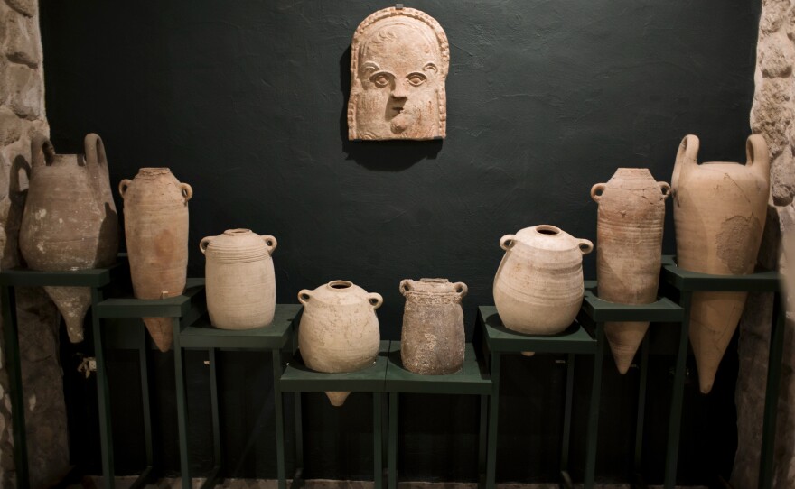 Antique pieces of pottery are displayed in a small museum in Al-Mathaf Hotel in Gaza City.