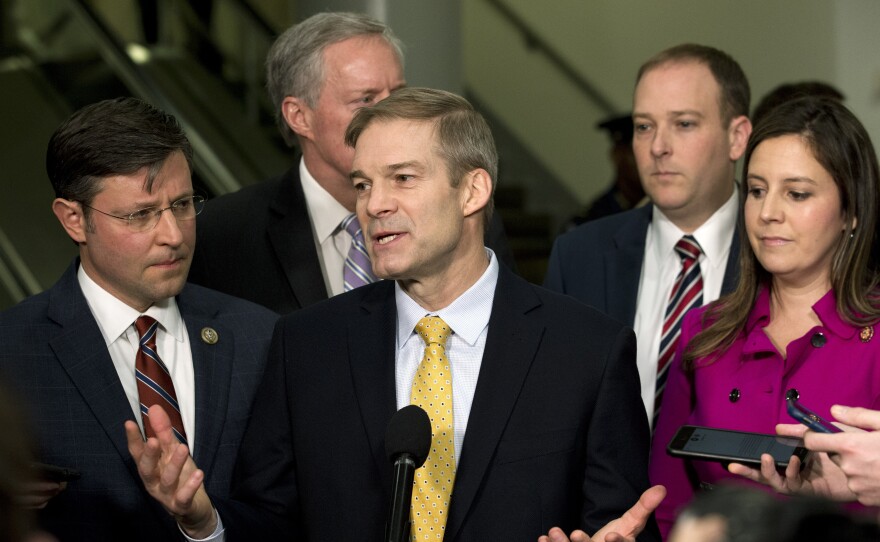 Rep. Jim Jordan, R-Ohio, accompanied by (from left) Rep. Mike Johnson, R-La., Rep. Mark Meadows, R-N.C., Rep. Lee Zeldin, R-N.Y., and Rep. Elise Stefanik, R-N.Y., speak to the media on Capitol Hill about the Senate impeachment trial.