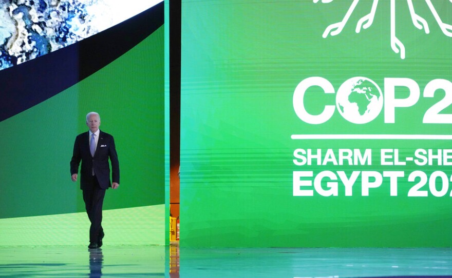 President Joe Biden arrives to speak at the COP27 U.N. Climate Summit, Friday, Nov. 11, 2022, at Sharm el-Sheikh, Egypt.