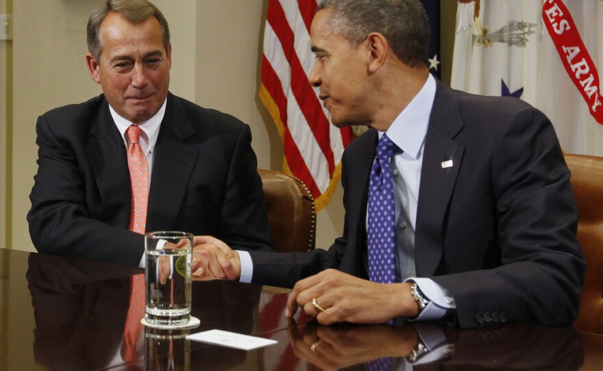 Getting started: President Obama and House Speaker John Boehner, R-Ohio, at the start of today's meeting.