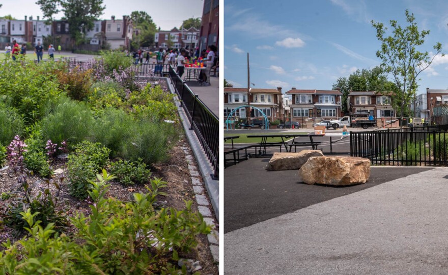 (Left) One of two new rain gardens at the Anderson School. The gardens are designed to reduce flooding and storm water pollution. (Right) Landscape rocks and picnic benches provide seating for outdoor classes at the Add B. Anderson School.
