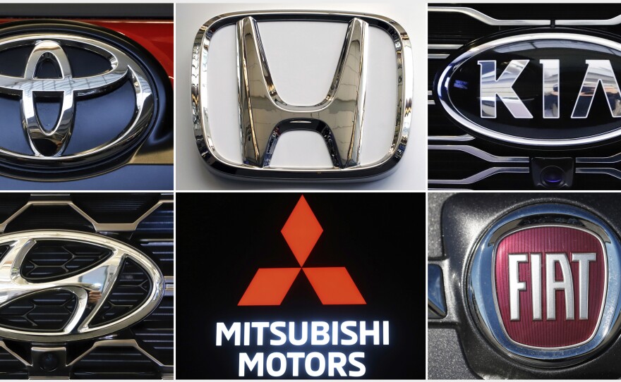 This combination of photos shows clockwise from top left the logos for Toyota, Honda, Kia, Fiat Chrysler, Mitsubishi and Hyundai. U.S. auto safety regulators have expanded an investigation into malfunctioning air bag controls to include 12.3 million vehicles because the bags may not inflate in a crash.