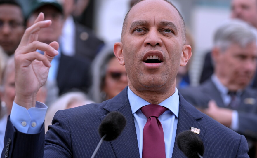 House Minority Leader Hakeem Jeffries, D-N.Y., speaks during a news conference, Thursday, May 21, 2026, on Capitol Hill, in Washington.