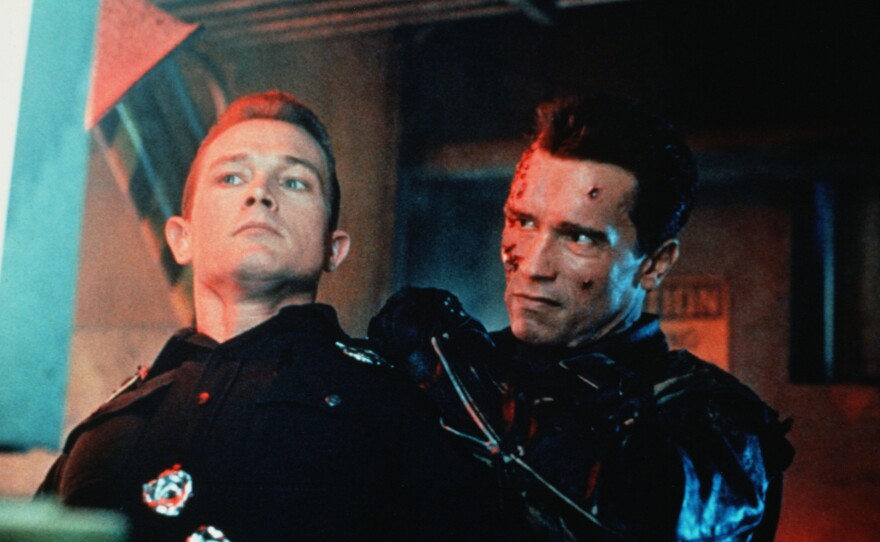 Robert Patrick (left) and Arnold Schwarzenegger in <em>Terminator 2: Judgement Day</em>.