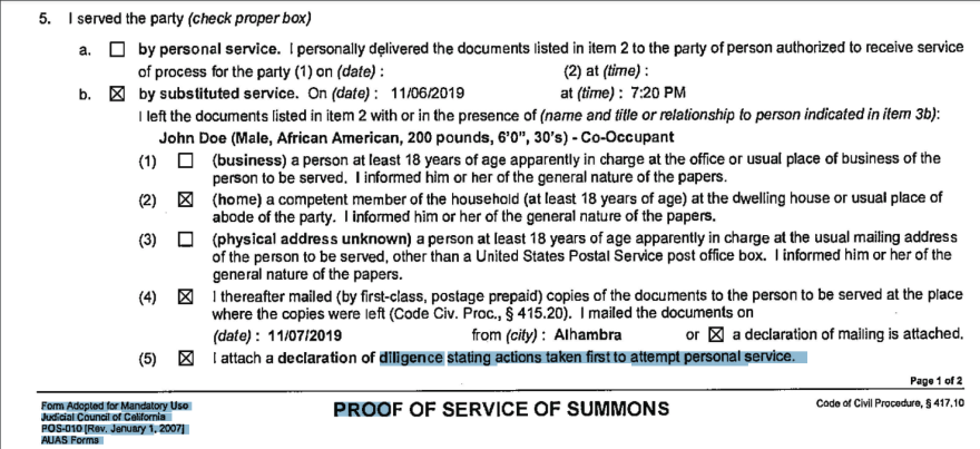 A screenshot of a 2019 document showing a substitute service filed in San Diego Superior Court.