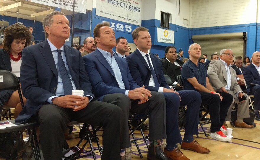 Ohio Governor John Kasich, former California Governor Arnold Schwarzenegger and Assemblyman Chad Mayes (R-Yucca Valley) sit at the beginning of the first New Way California event in Los Angeles, CA, on March 21, 2018.