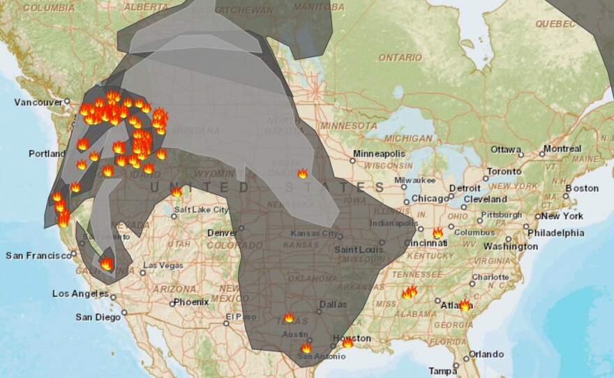 A screenshot of fire conditions on AirNow.gov, with orange icons showing fires and gray representing smoke.
