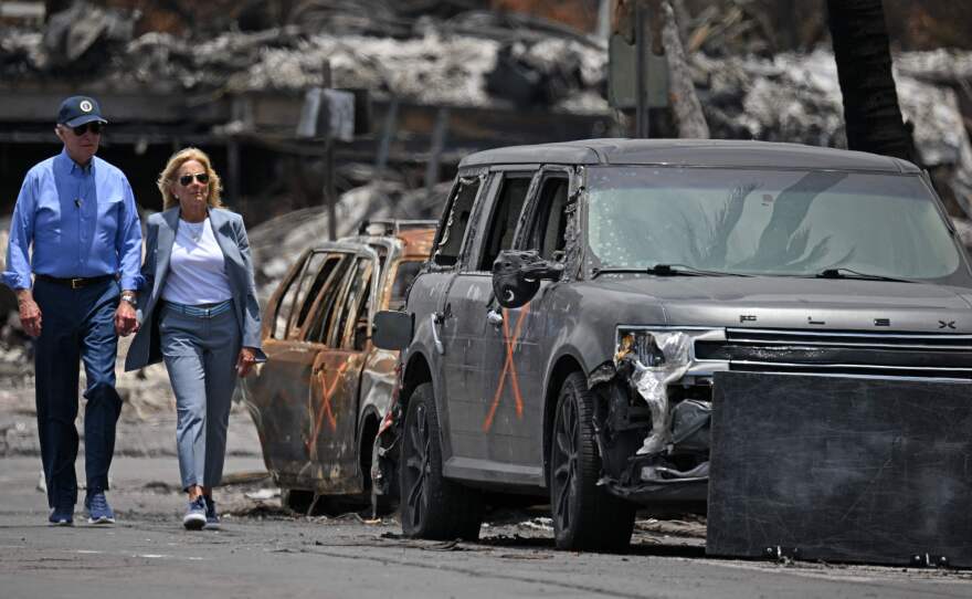 President Biden and first lady Jill Biden view damage caused by wildfires in Lahaina, Hawaii on August 21, 2023. The president is expected to travel to see hurricane damage Florida on Saturday.
