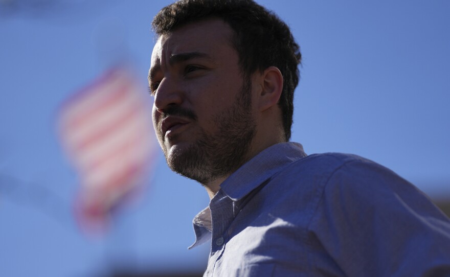 FILE - Palestinian activist Mahmoud Khalil holds a news conference outside Federal Court, Oct. 21, 2025, in Philadelphia.
