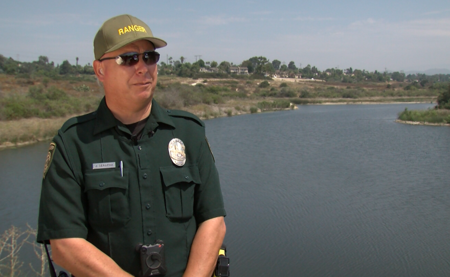 Newly appointed ranger Jerry Serafini talks about his new position with the police department at Lake Calavera in Carlsbad, Sept. 5, 2017.