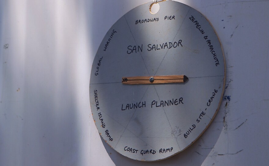 A homemade "launch planner" dial pokes fun at the many different options the Maritime Museum has considered for launching the San Salvador, at Spanish Landing Park on April 10, 2015.