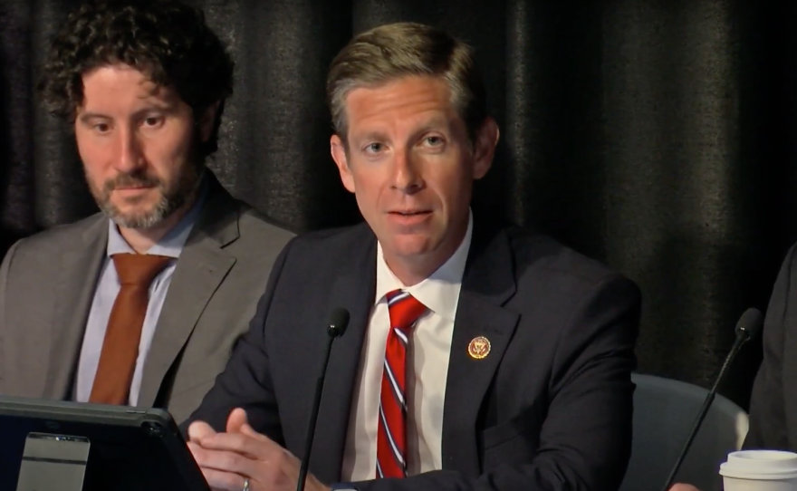 Democratic Rep. Mike Levin (center), whose district includes northern San Diego and southern Orange County, speaks during a field hearing of the Veterans' Affairs Subcommittee on Economic Opportunity in Oceanside, California, May 4, 2023. `