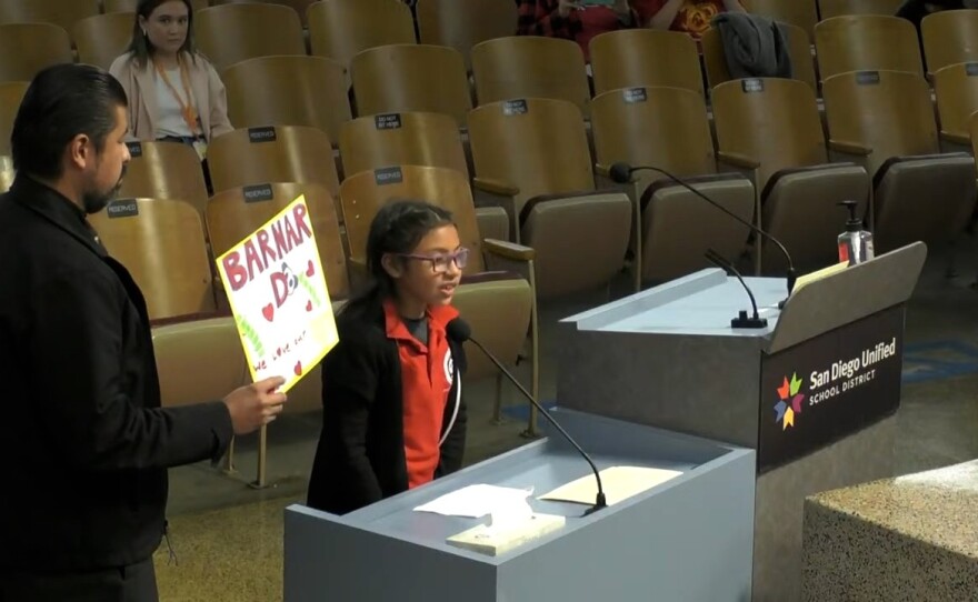 Elsa Luna is a student at Barnard Mandarin Elementary in the dual language immersion program. She spoke to the Board of Trustees in Mandarin in support of the school's resource teacher, San Diego, Calif., February 27, 2024