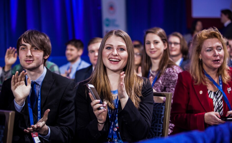 Attendees watch Texas Sen. Ted Cruz and Mark Levin engage in a conversation about the constitution.