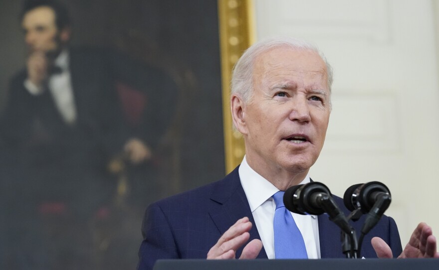 President Joe Biden speaks about the COVID-19 response and vaccinations on Tuesday in the State Dining Room of the White House.
