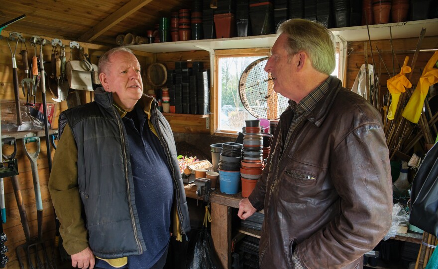 A scene from RIDLEY Season 2 "A Sleeping Tiger (part 2)." John Henshaw as Frank Stanford and Adrian Dunbar as Alex Ridley.