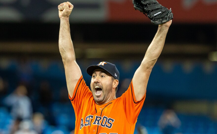 Houston Astros starting pitcher Justin Verlander celebrates after throwing a no hitter against the Toronto Blue Jays, marking his third career no-hitter.