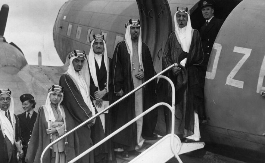 Five of Saudi King Abdul Aziz ibn Saud's sons board a plane at Herne Airport in Hampshire in August 1945. They are (from right) Amir Faisal (later King Faisal), Amir Mohammed, Amir Fahd (later King Fahd), Amir Abdullah al-Faisal (later King Abdullah) and Amir Nawaf. On the left is the Saudi ambassador in London.
