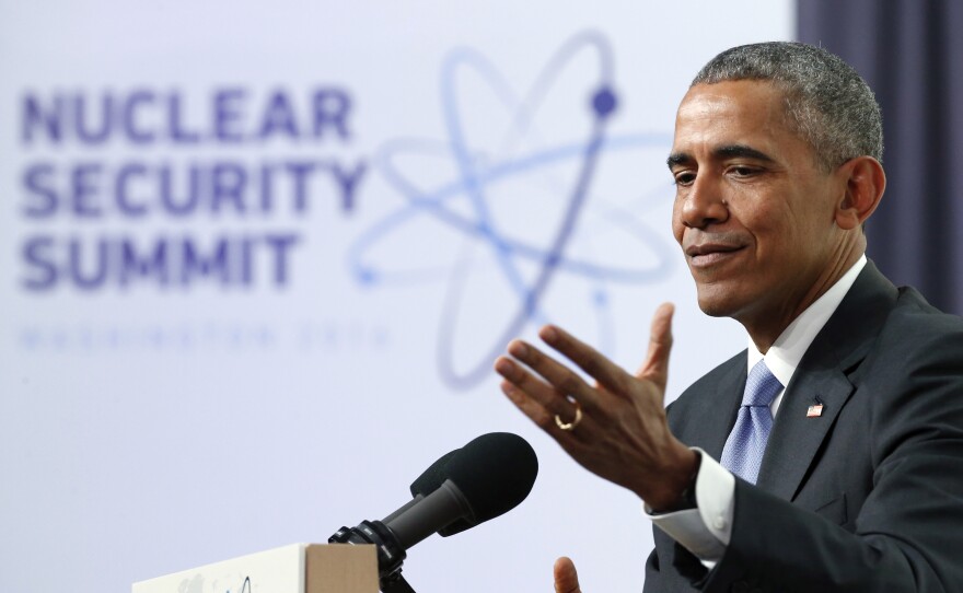 President Obama speaks during a news conference at the Nuclear Security Summit on Friday in Washington.