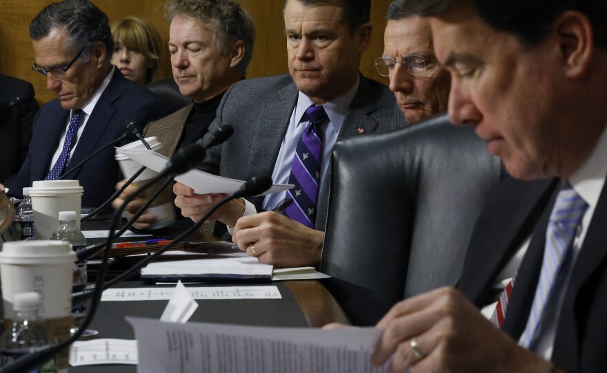 Republican senators on the Senate Foreign Relations Committee listen to witnesses testify about U.S. support for the the war in Ukraine at a hearing on Jan. 26.
