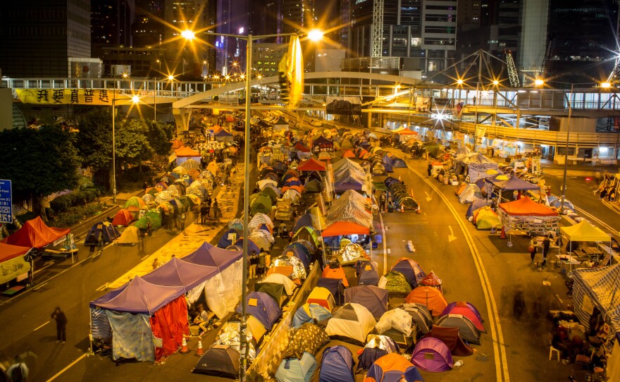 Pro-democracy activists tents are seen on the road outside Hong Kong's Government Complex on December 9, in Hong Kong.